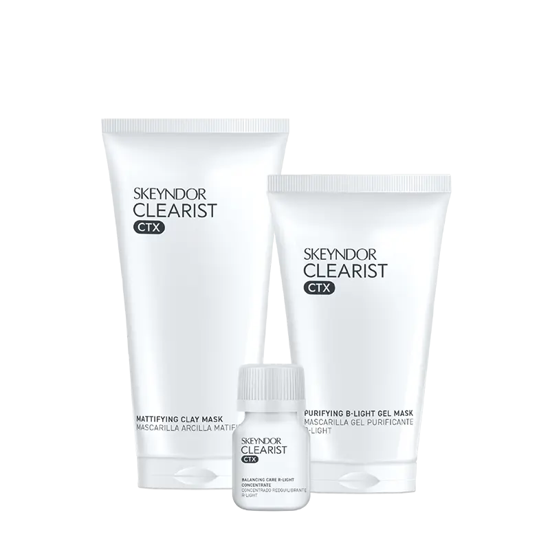 Mascarillas B-Light y arcilla del protocolo Skeyndor Clearist CTX